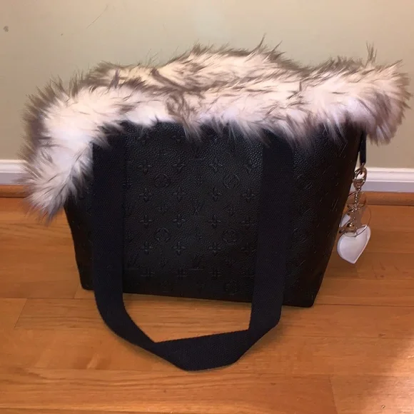 NWT designer inspired faux black leather with faux fur pet carrier. - Picture 5 of 10